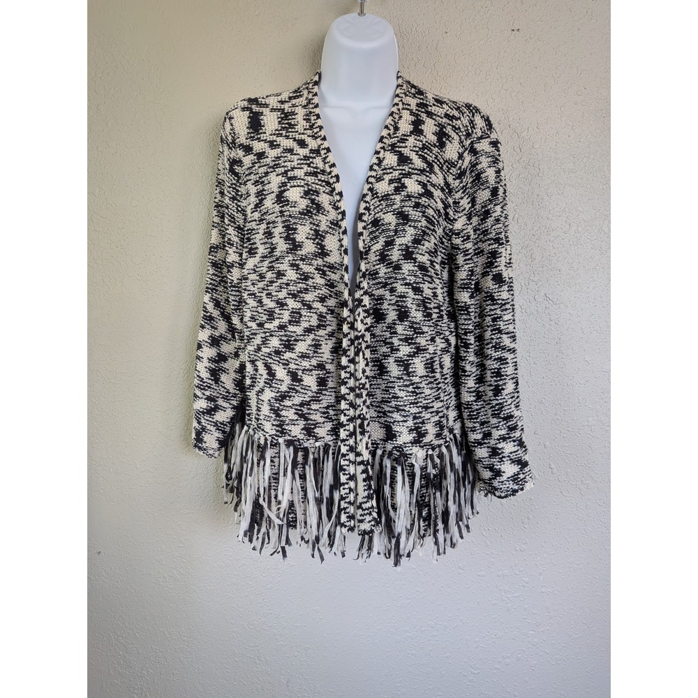 Chico's Fringe Cardigan Sweater Open Front‎ Knit Black White Large Classic Work